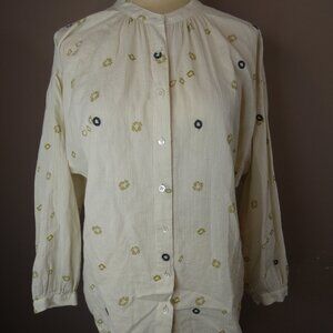 Closed Women's M Alexia Top Beige 100% Cotton Button Up Geo Print Long Sleeve
